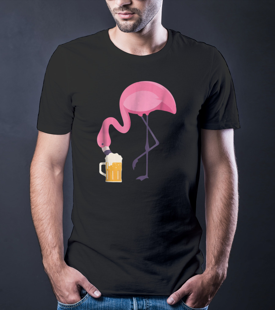Flamingo Drinking Beer Concept With Pink Bird And Pint Glass T-Shirt