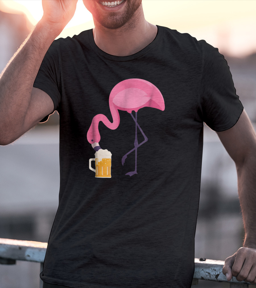 Flamingo Drinking Beer Concept With Pink Bird And Pint Glass T-Shirt