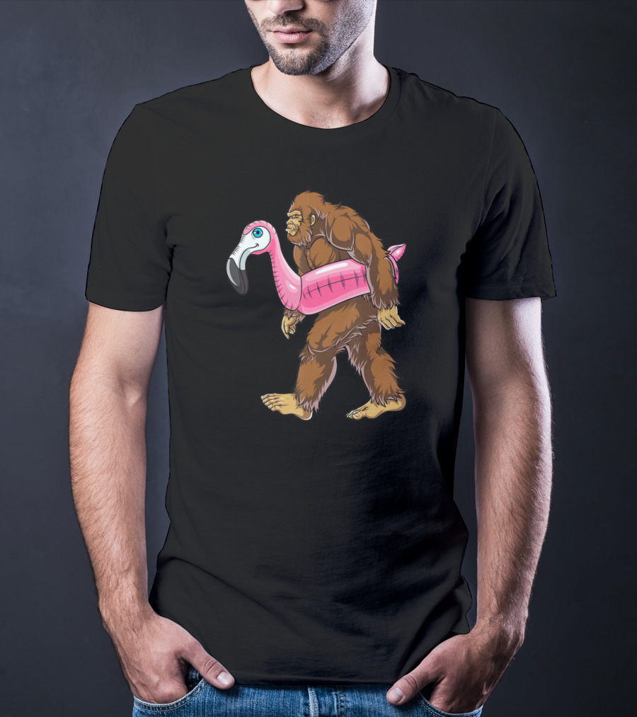 Pool Party Bigfoot Pink Flamingo Sasquatch Float T-Shirt