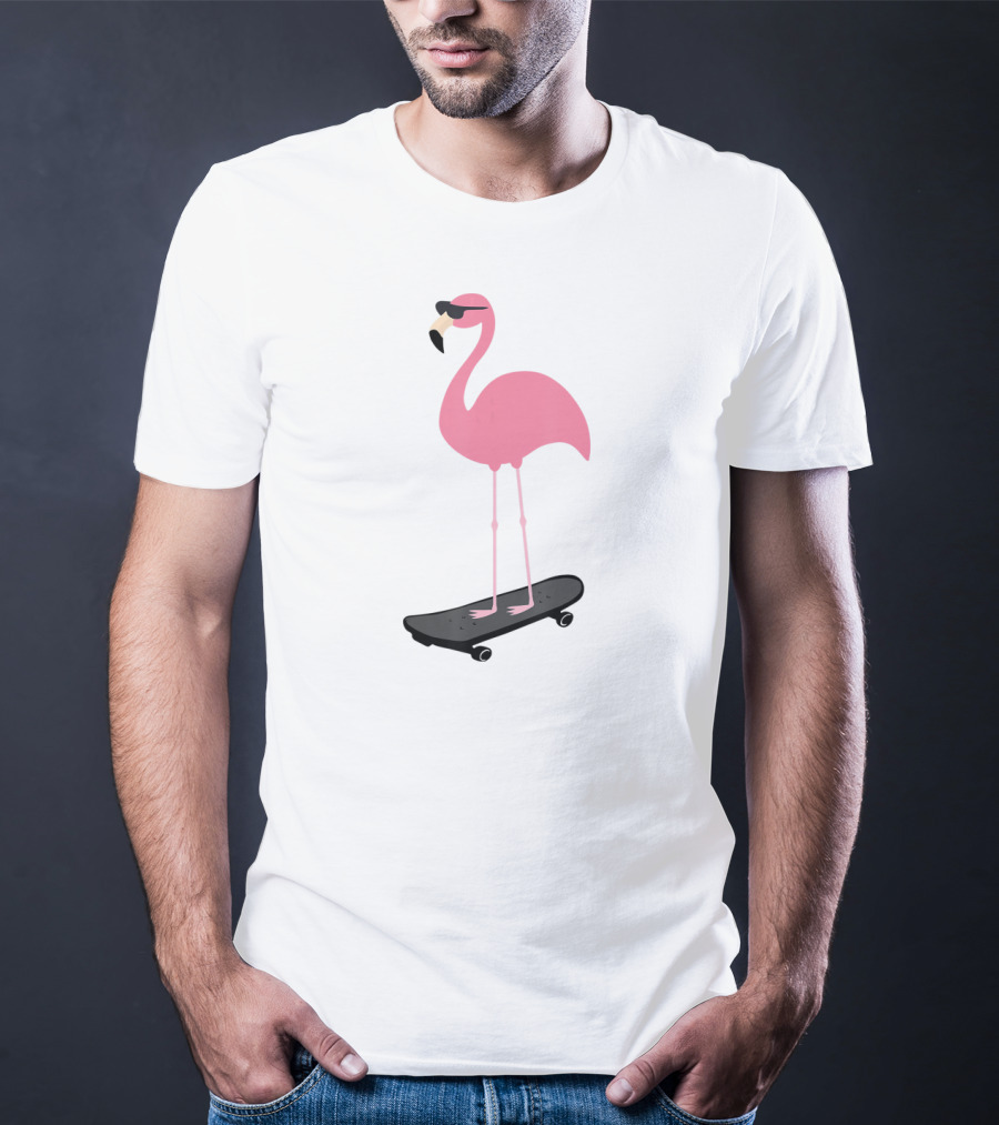 Cool Pink Flamingo Skateboard Sunglasses Bird Pun T-Shirt