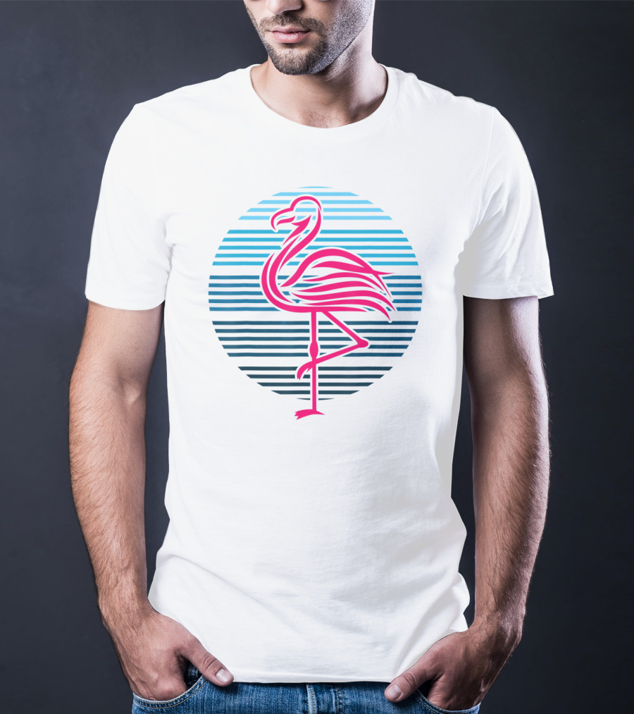 Flamingo Bird 80s Party Retro Stripes Birthday T-Shirt