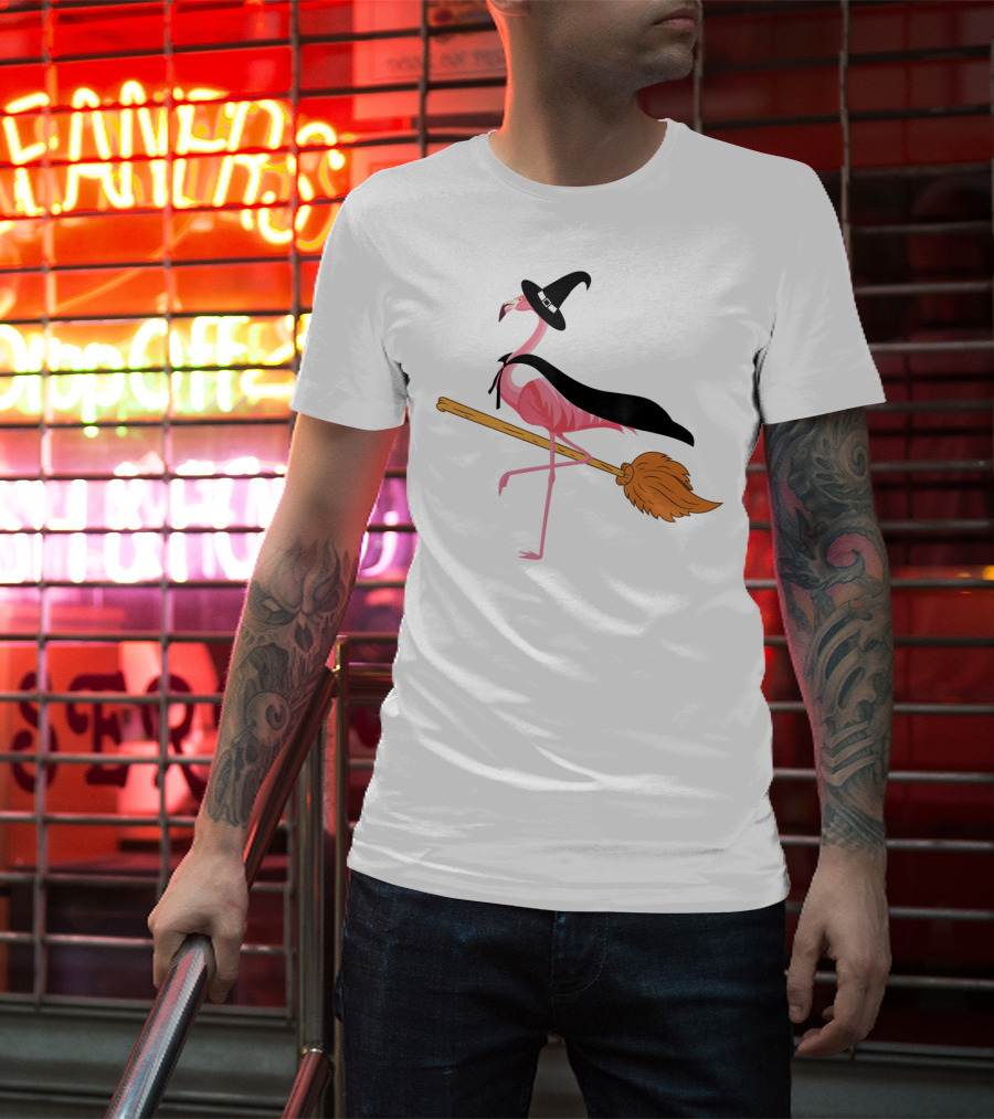 Funny Flamingo Witch Riding Broomstick T-Shirt