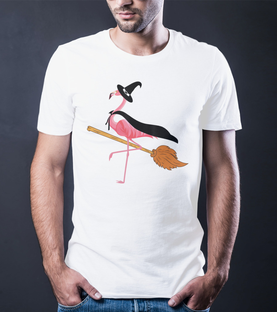 Funny Flamingo Witch Riding Broomstick T-Shirt