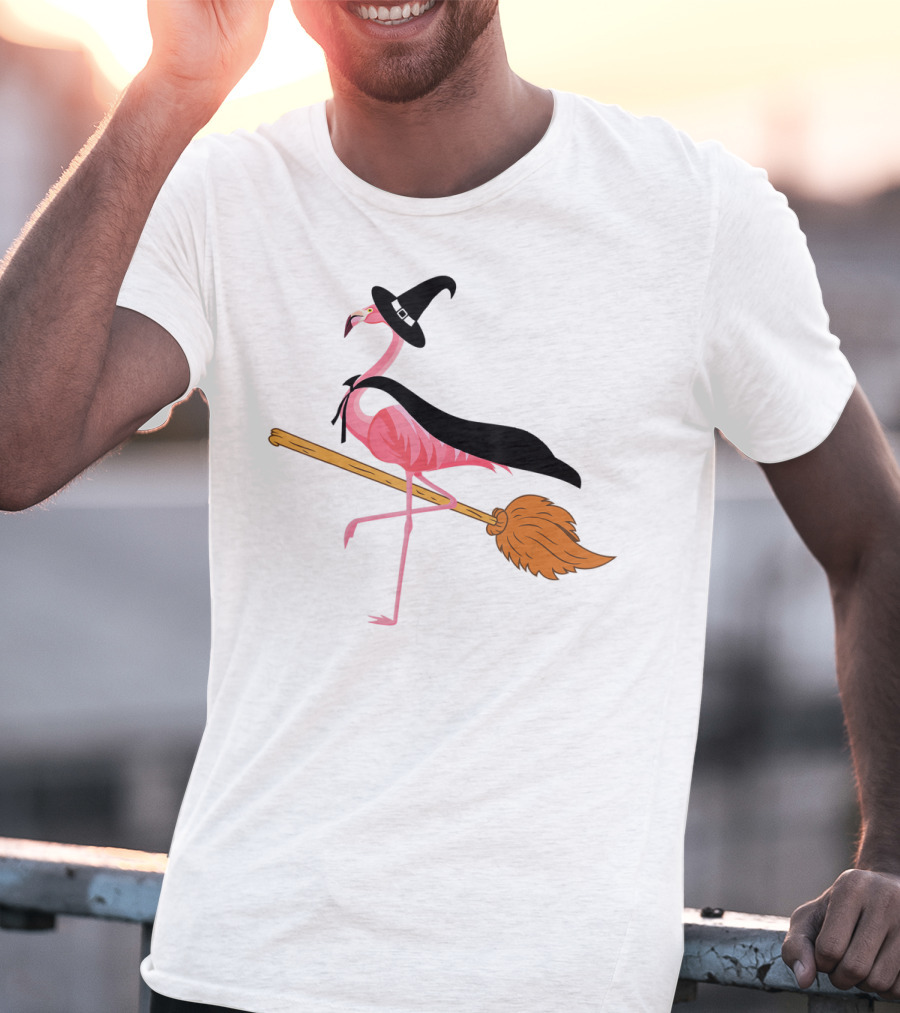 Funny Flamingo Witch Riding Broomstick T-Shirt