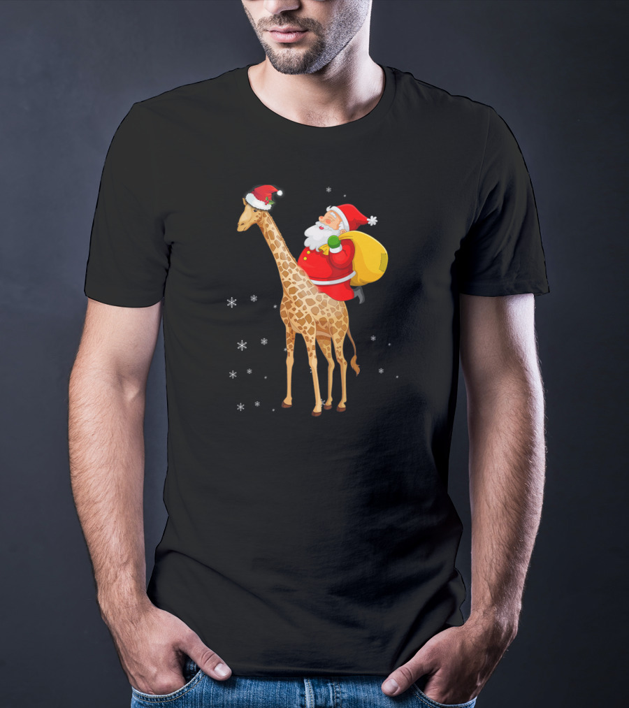 Santa Claus Riding A Giraffe With Snowflakes T-Shirt