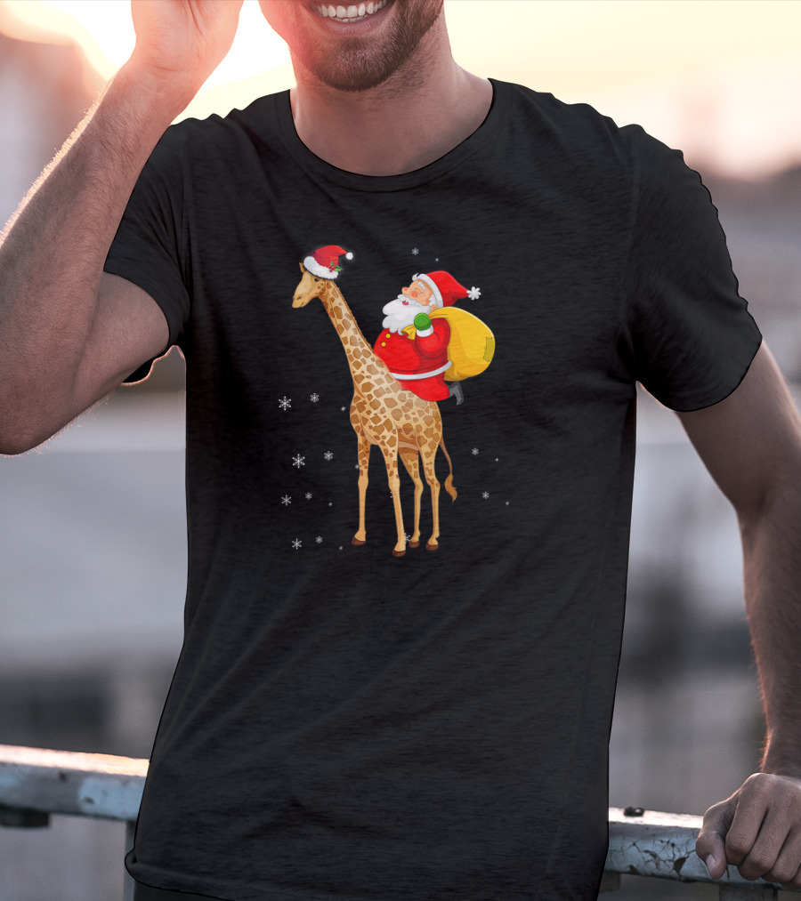 Santa Claus Riding A Giraffe With Snowflakes T-Shirt
