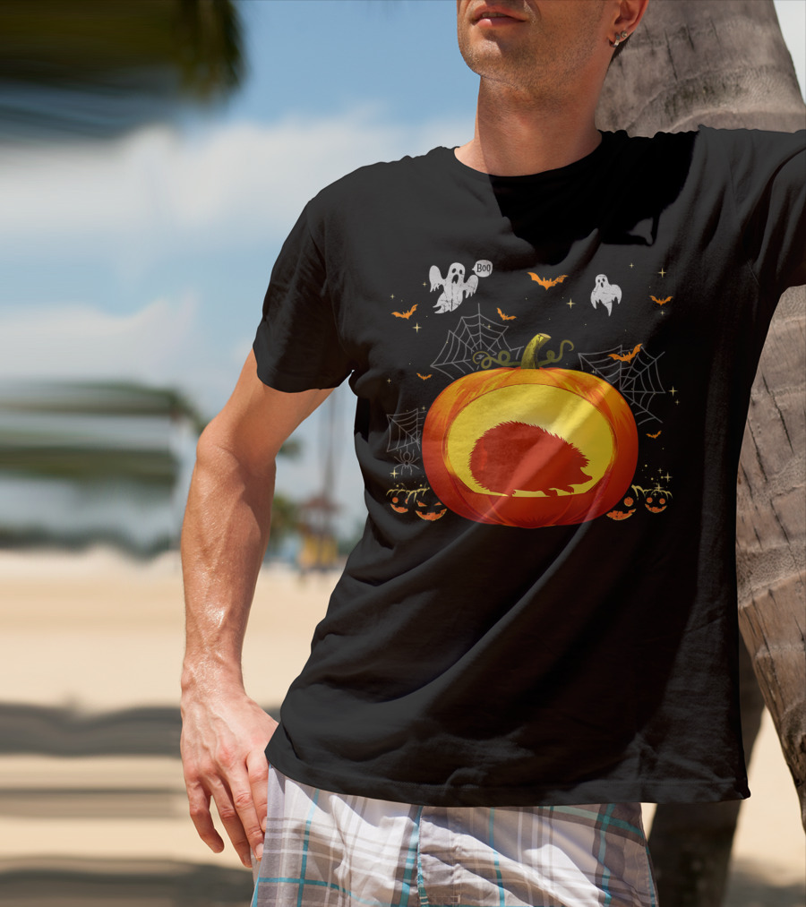 Hedgehog Silhouette In Halloween Pumpkin With Ghosts And Spiderwebs T-Shirt