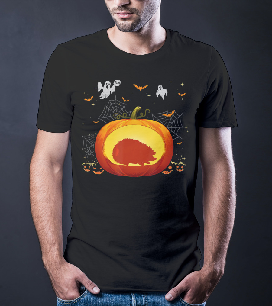 Hedgehog Silhouette In Halloween Pumpkin With Ghosts And Spiderwebs T-Shirt