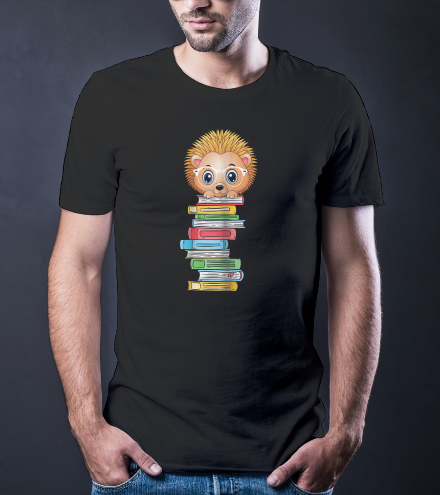 Hedgehog Book Lover With Glasses Hugging Colorful Book Stack T-Shirt