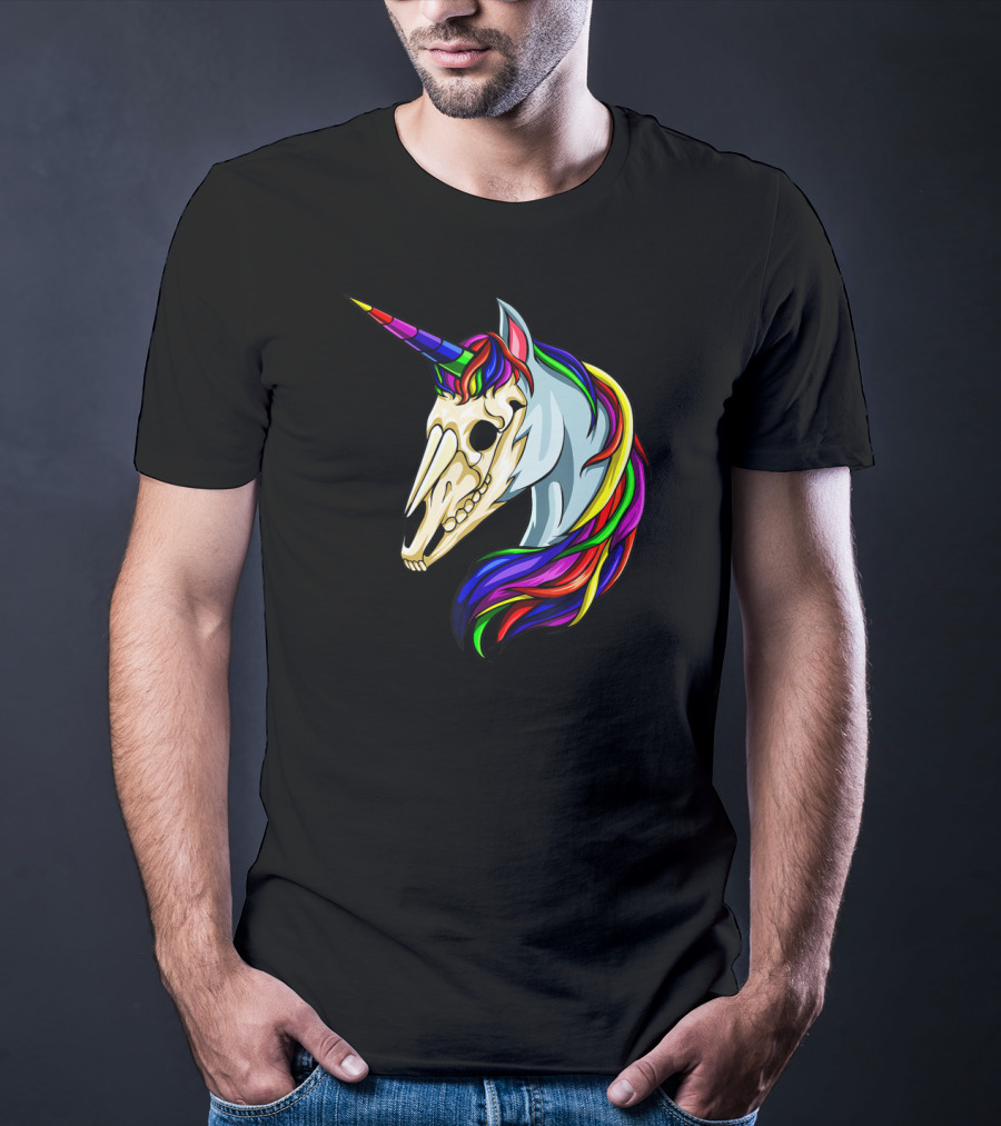 Halloween Unicorn Skeleton Horse Rainbow Head With Colorful Mane T-Shirt
