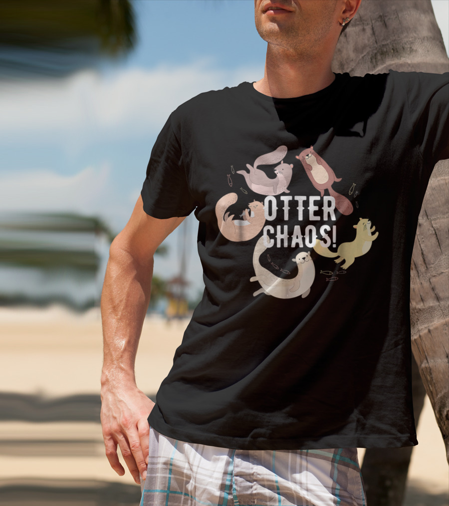 Otter Chaos Playful Otters Tumbling With Fish T-Shirt