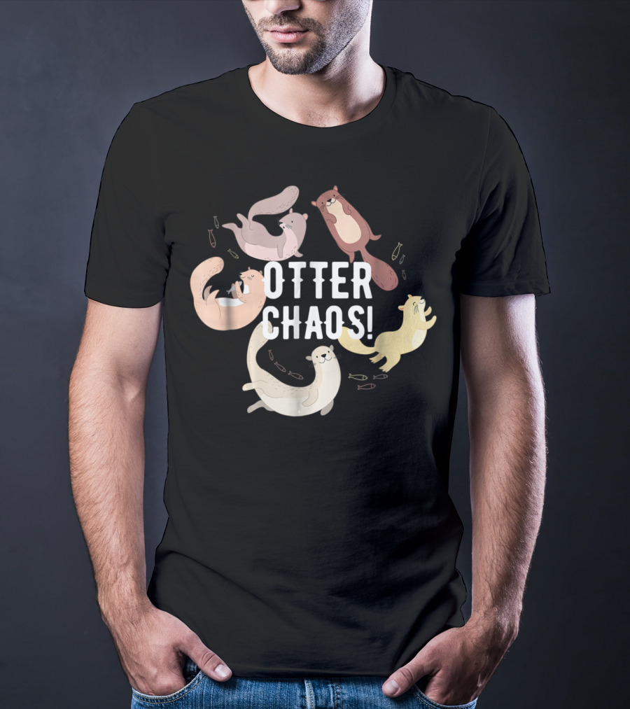 Otter Chaos Playful Otters Tumbling With Fish T-Shirt