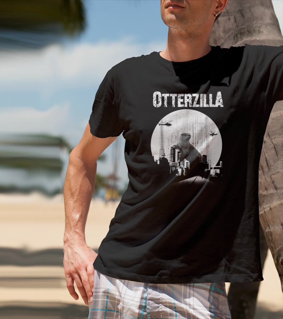 Otterzilla Funny Otter Cute Otters Lover Cityscape Helicopters T-Shirt