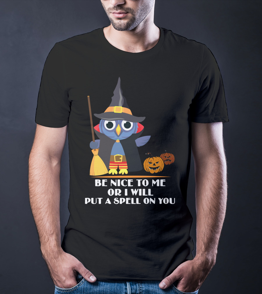 Be Nice To Me Or I Will Put A Spell On You Halloween Owl Witch Broom Pumpkins T-Shirt