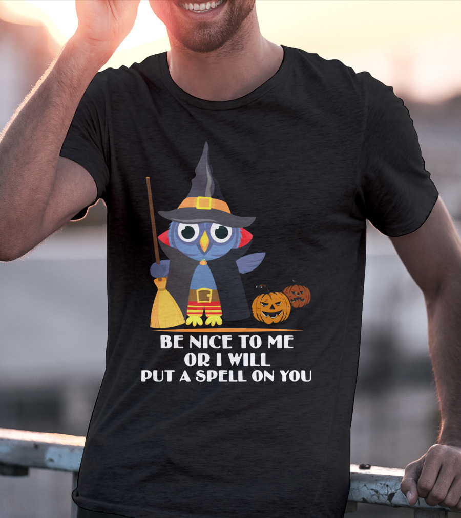 Be Nice To Me Or I Will Put A Spell On You Halloween Owl Witch Broom Pumpkins T-Shirt