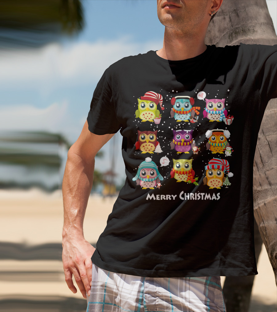 Merry Christmas Cute Owl Festive Holiday Scene T-Shirt