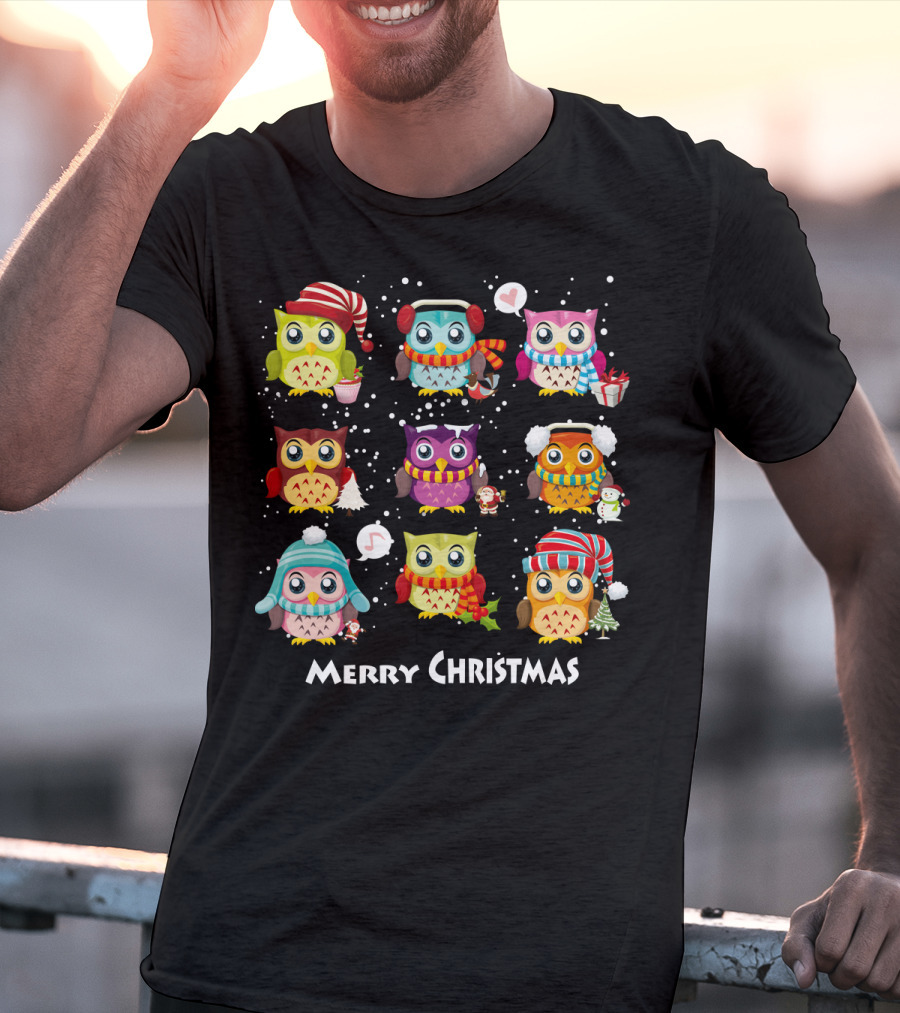 Merry Christmas Cute Owl Festive Holiday Scene T-Shirt