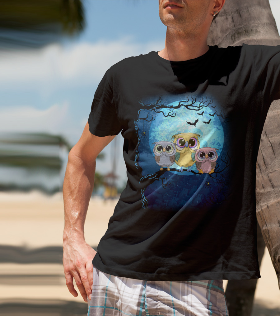 Night Family Owls Under Full Moon With Bats And Spiders T-Shirt