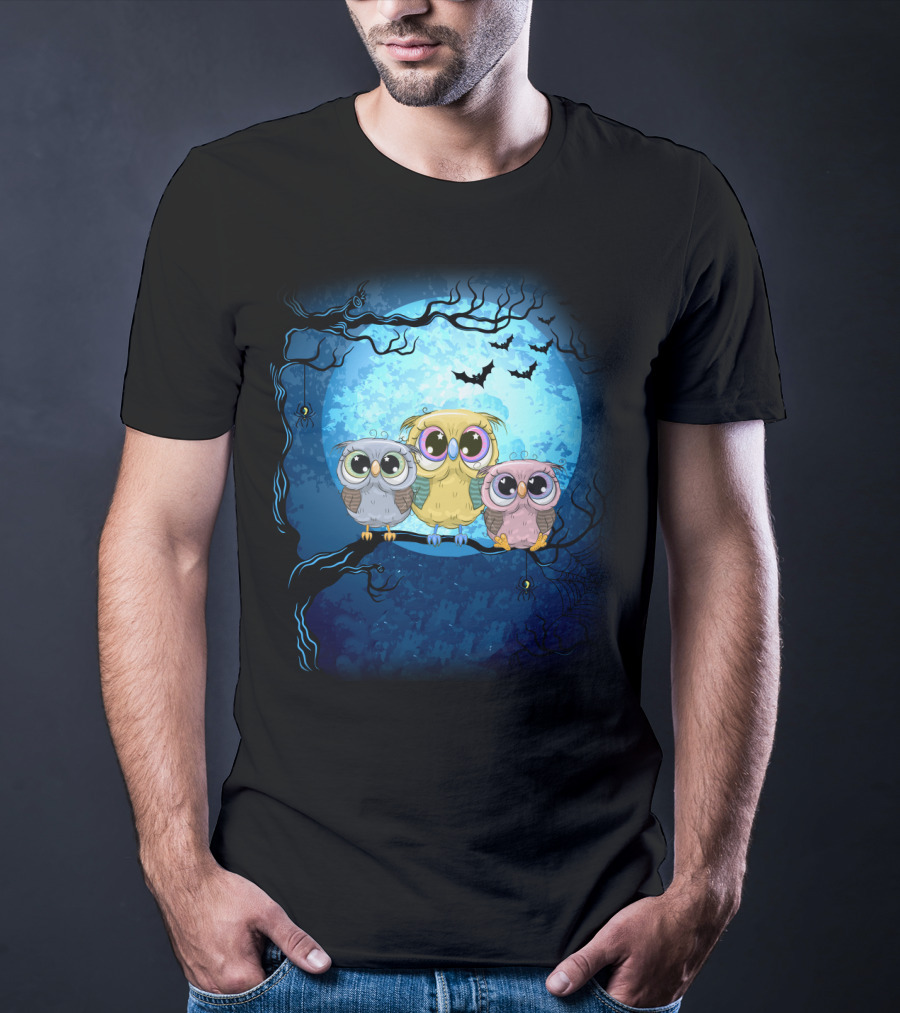 Night Family Owls Under Full Moon With Bats And Spiders T-Shirt
