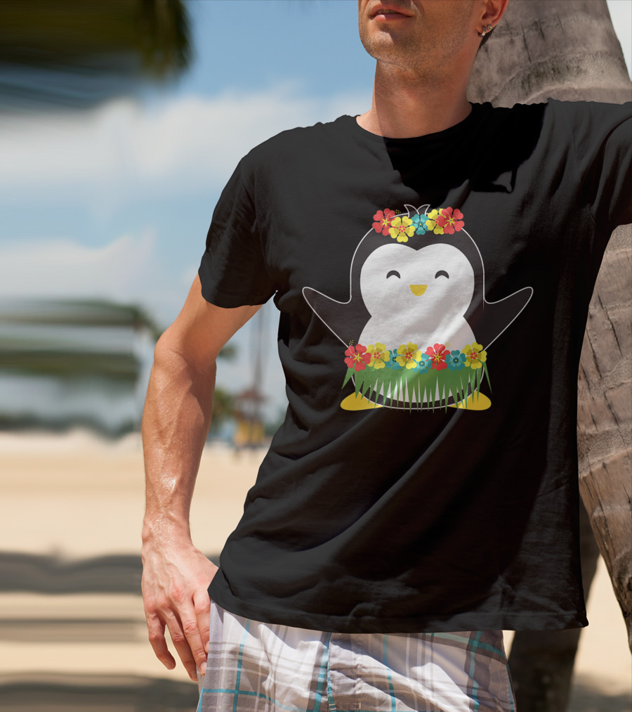 Penguin With Hula Skirt And Hawaiian Flowers Luau Party T-Shirt