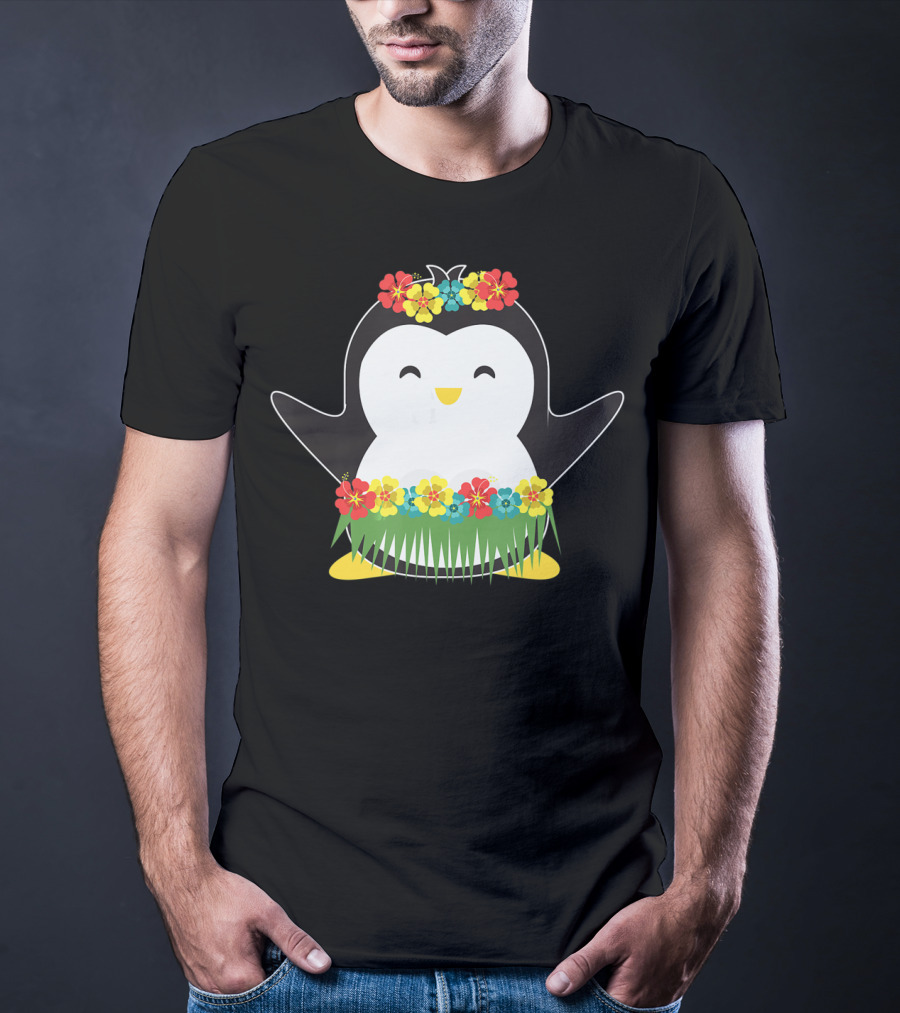 Penguin With Hula Skirt And Hawaiian Flowers Luau Party T-Shirt