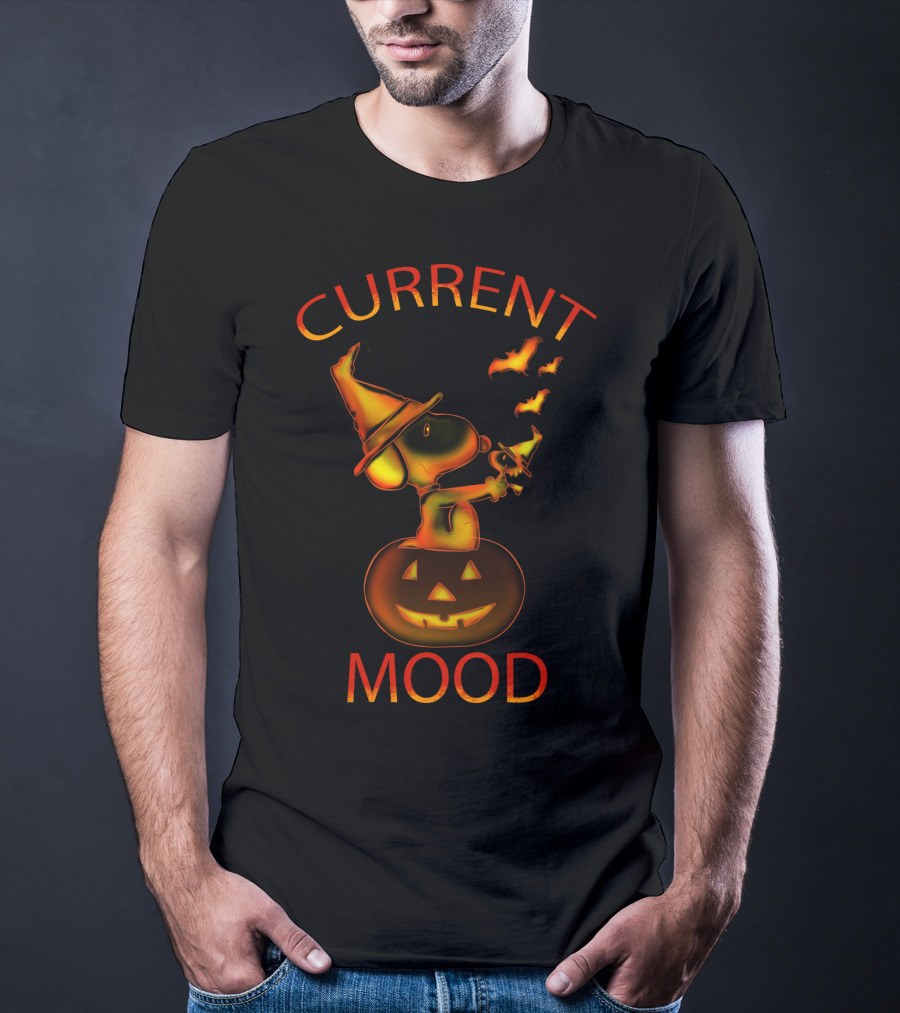Current Mood Halloween Snoopy Wizard On Pumpkin With Bats From The Peanuts Movie T-Shirt