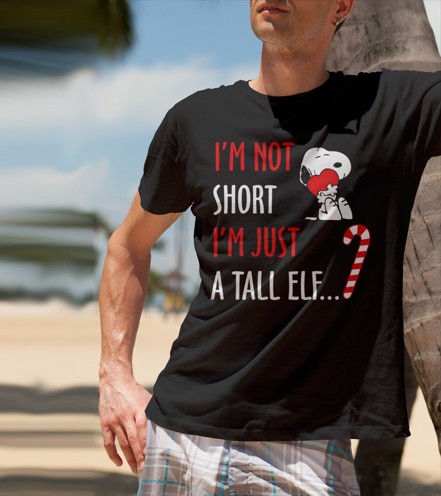 I'm Not Short I'm Just A Tall Elf Snoopy Candy Cane Hugging Heart T-Shirt