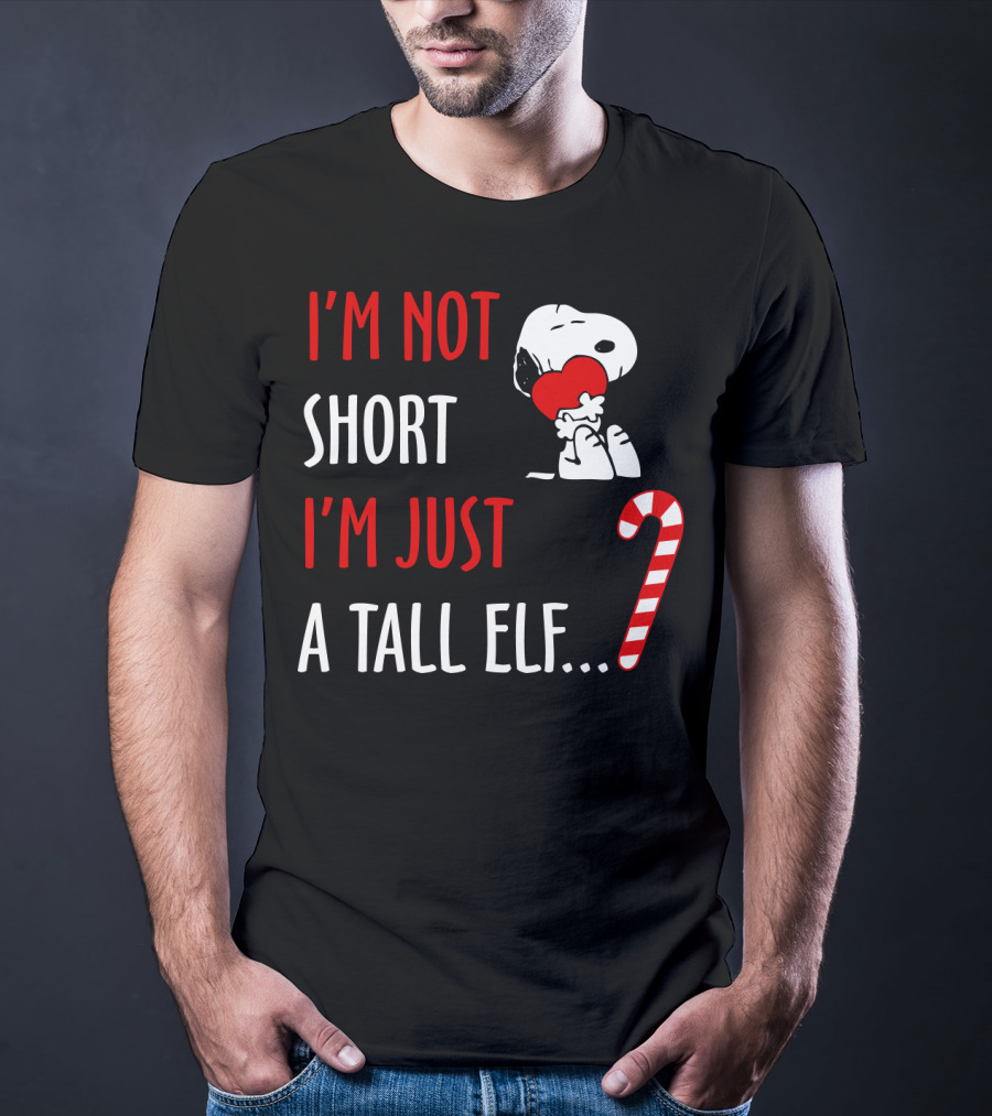 I'm Not Short I'm Just A Tall Elf Snoopy Candy Cane Hugging Heart T-Shirt