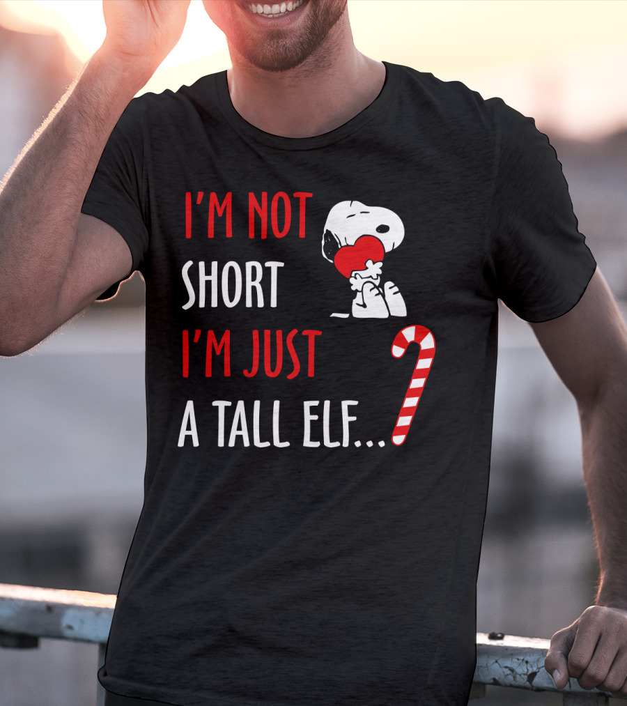 I'm Not Short I'm Just A Tall Elf Snoopy Candy Cane Hugging Heart T-Shirt