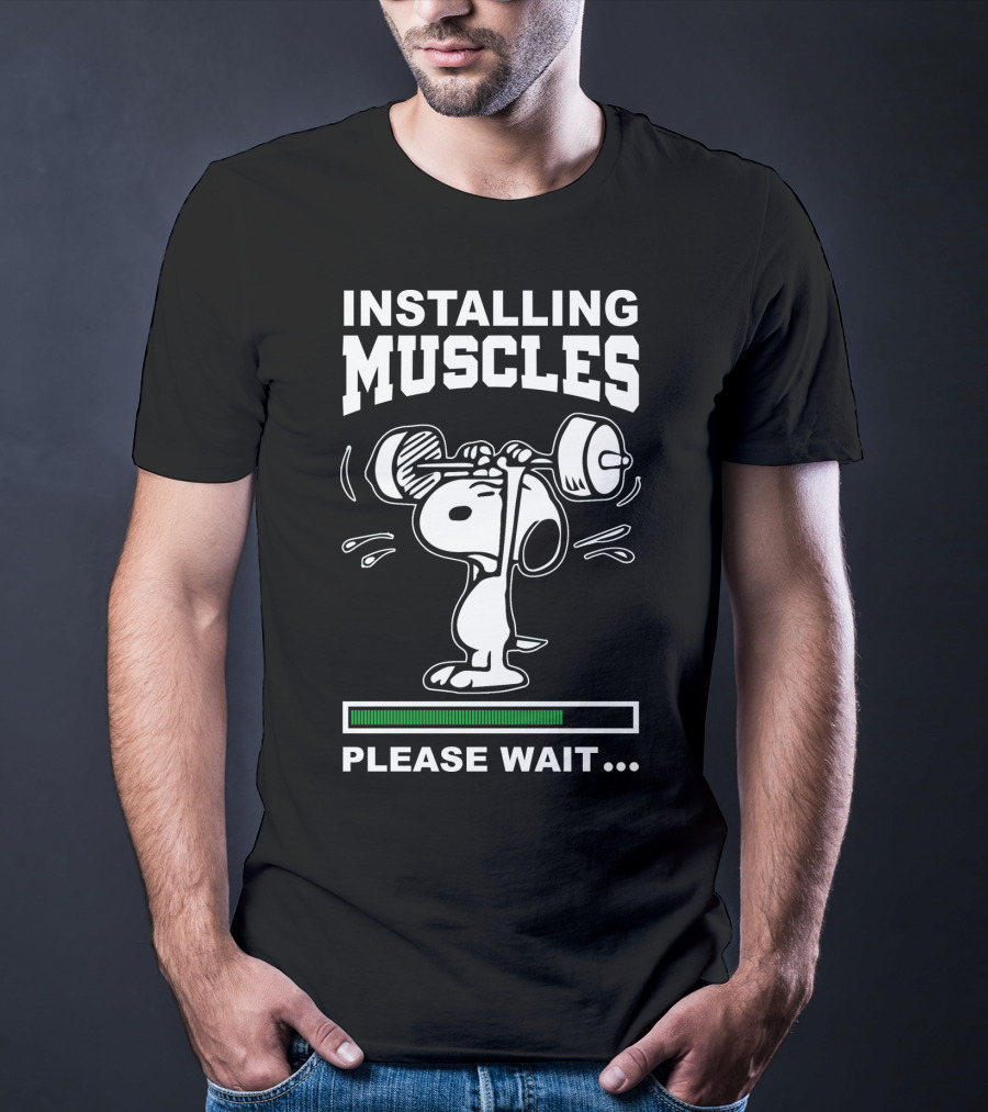 Installing Muscles Please Wait Snoopy Lifting Weights Peanuts T-Shirt