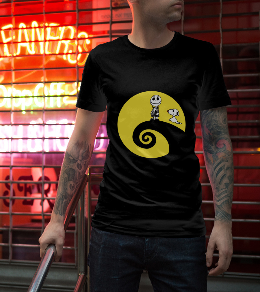 Jack Skellington And Snoopy Crossover In The Peanuts Movie Halloween Scene T-Shirt