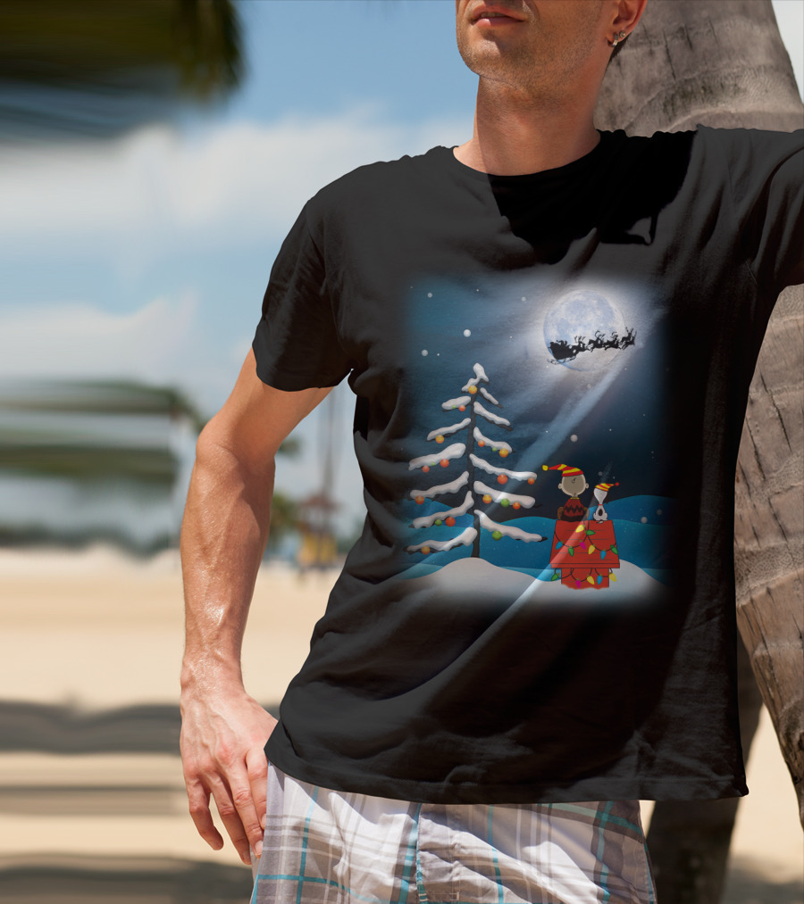 Noel Night Snoopy Peanuts Movie Christmas Scene Santa Sleigh Winter Tree With Lights T-Shirt