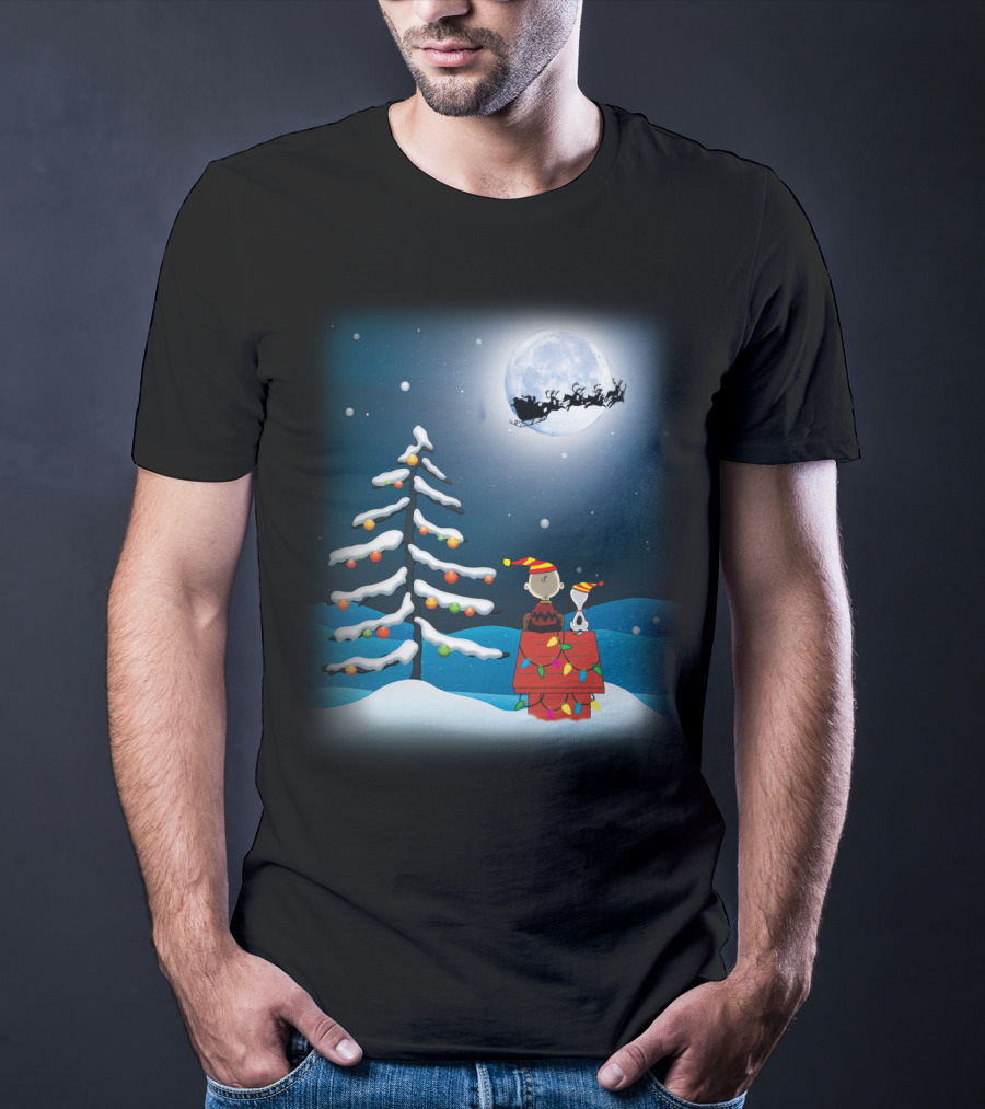 Noel Night Snoopy Peanuts Movie Christmas Scene Santa Sleigh Winter Tree With Lights T-Shirt