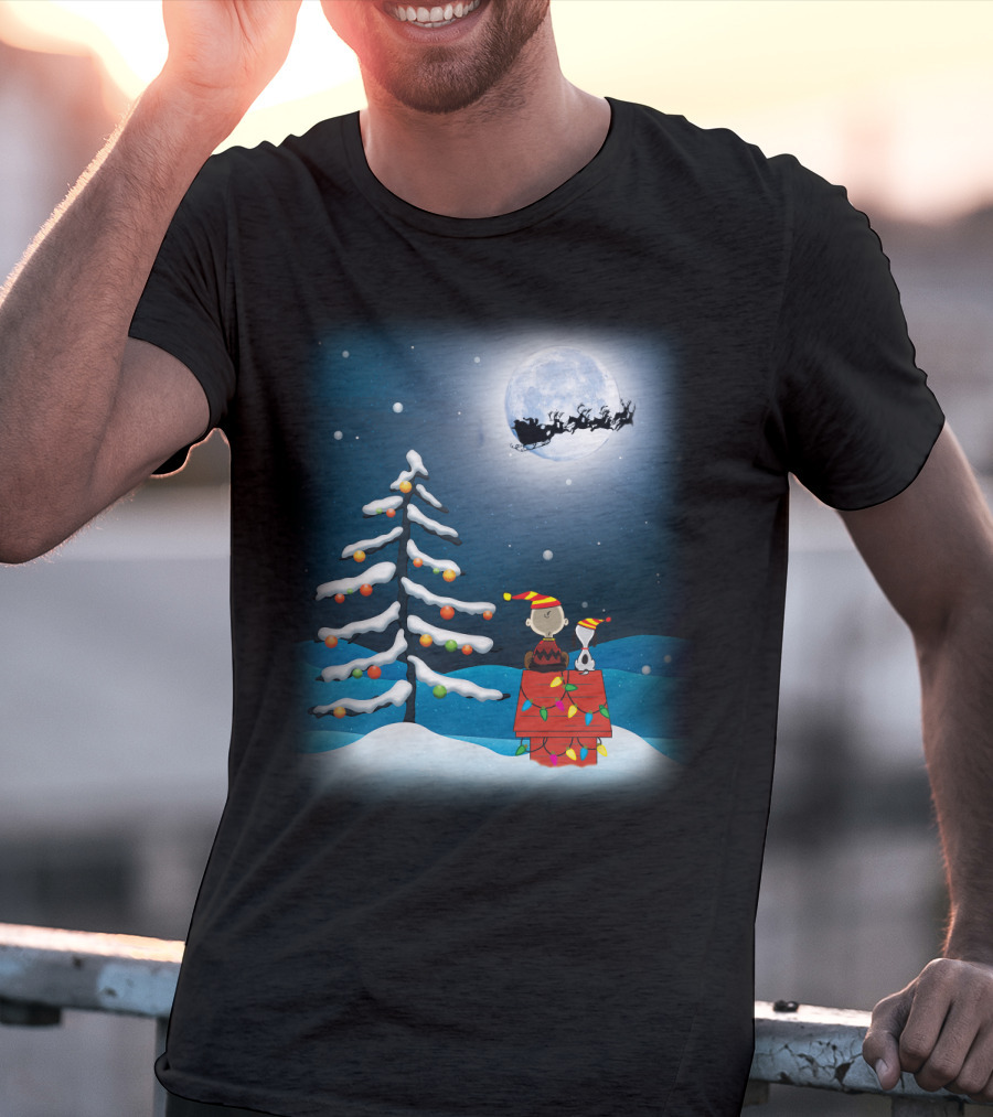 Noel Night Snoopy Peanuts Movie Christmas Scene Santa Sleigh Winter Tree With Lights T-Shirt