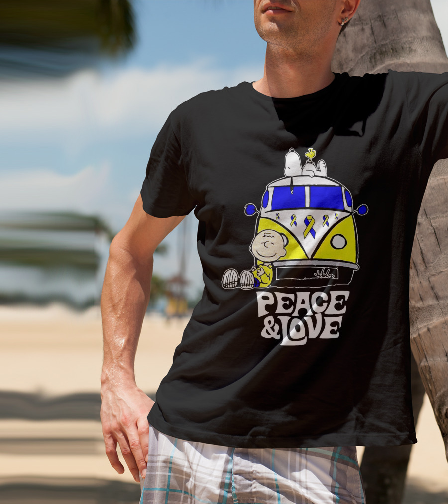 Peace And Love Snoopy Woodstock Yellow Ribbon Van Peanuts Cancer Warrior T-Shirt