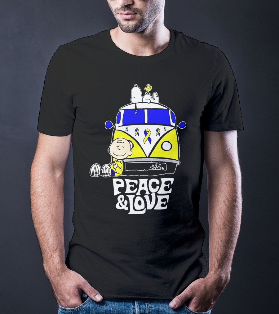 Peace And Love Snoopy Woodstock Yellow Ribbon Van Peanuts Cancer Warrior T-Shirt