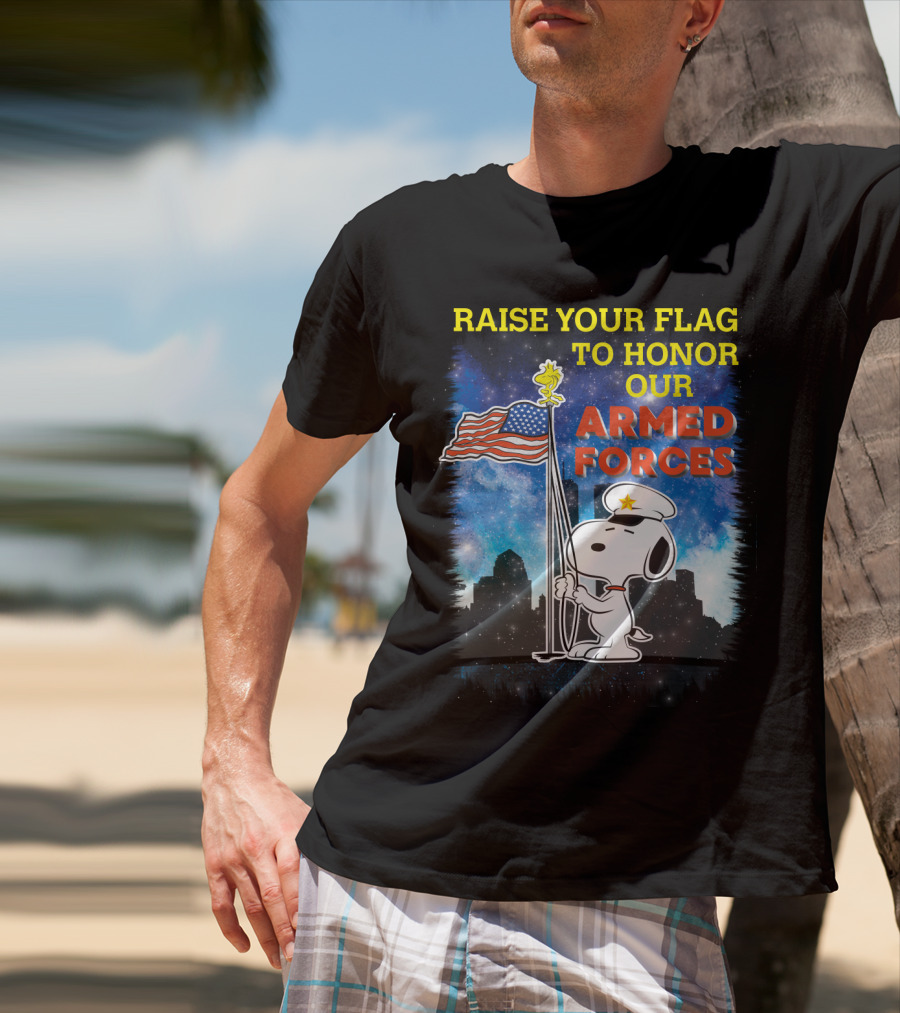 Raise Your Flag To Honor Our Armed Forces With Snoopy From The Peanuts Movie T-Shirt