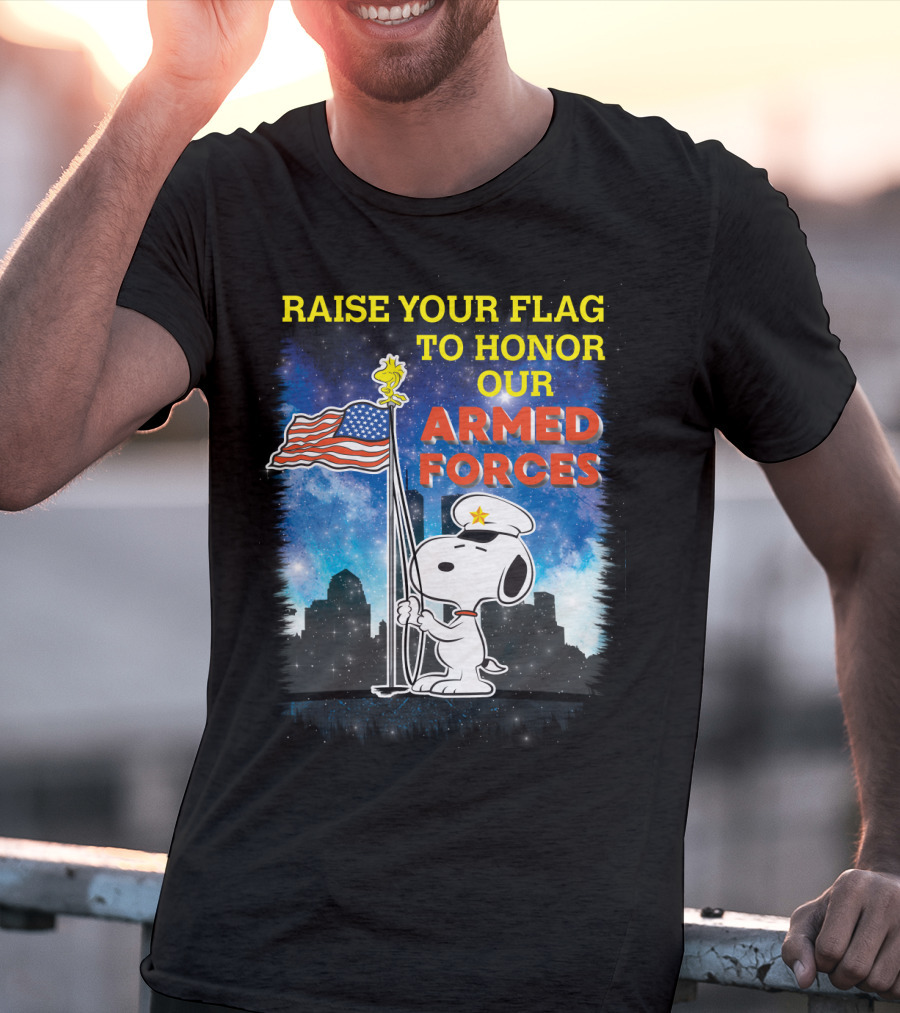 Raise Your Flag To Honor Our Armed Forces With Snoopy From The Peanuts Movie T-Shirt