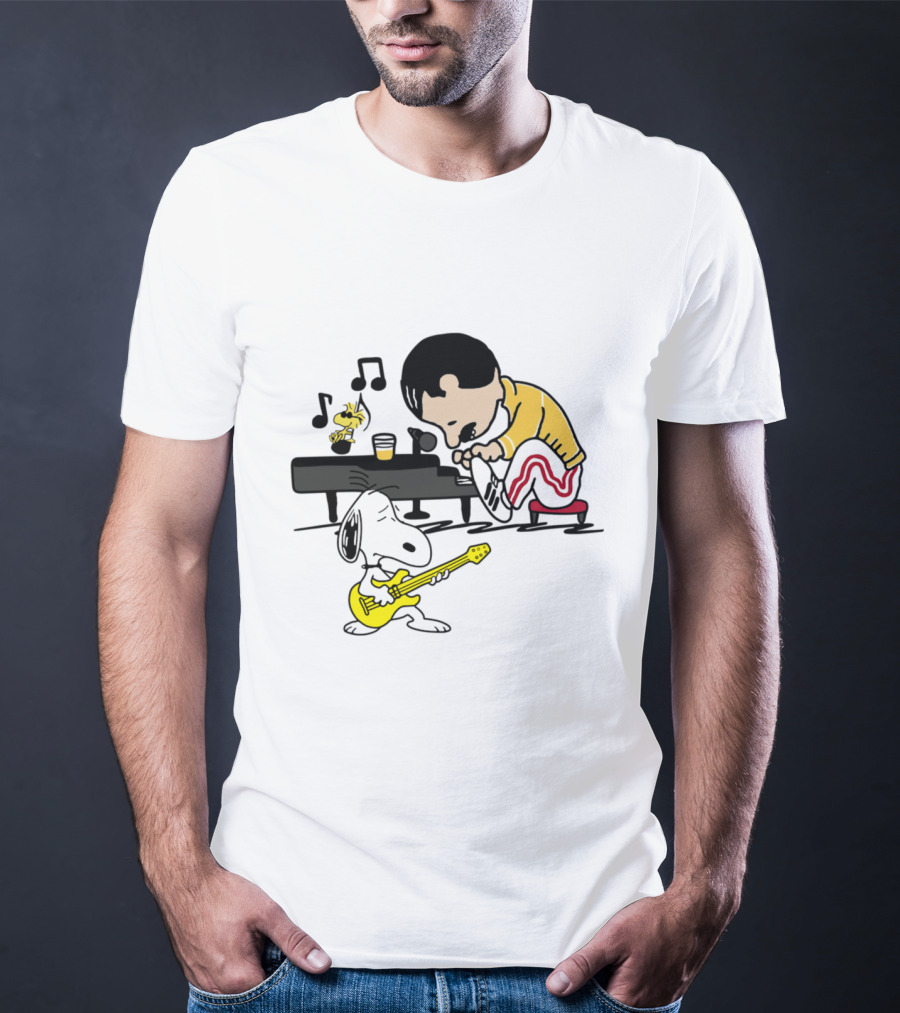 Freddie Mercury Playing Piano With Snoopy Guitar Peanuts Movie Scene T-Shirt