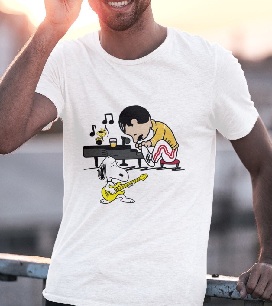 Freddie Mercury Playing Piano With Snoopy Guitar Peanuts Movie Scene T-Shirt