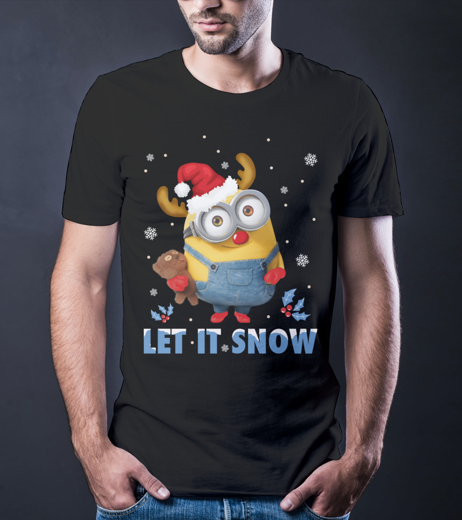 Let It Snow Xmas Minions Despicable Me Santa Hat Reindeer Antlers Toy T-Shirt