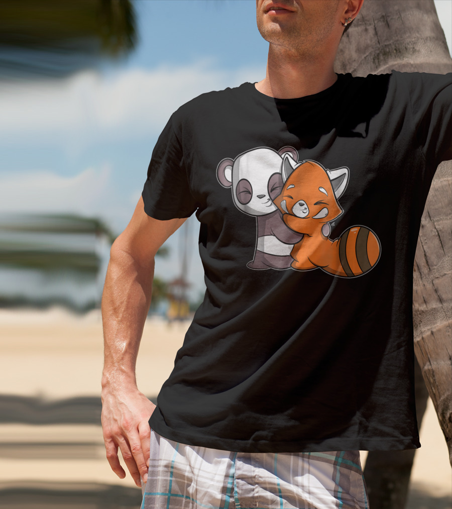 Cute Kawaii Panda Embrace Red Panda Hugging Adorable Friends T-Shirt
