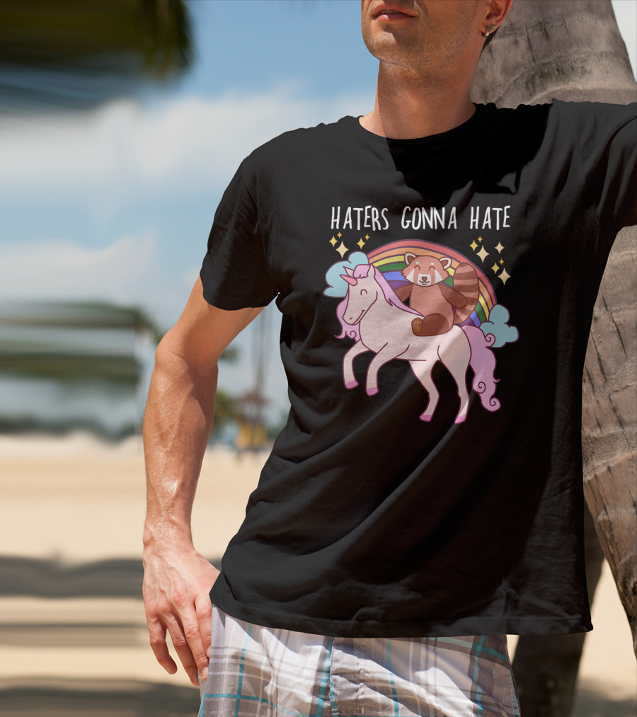 Haters Gonna Hate Red Panda Riding Unicorn With Rainbow And Stars T-Shirt