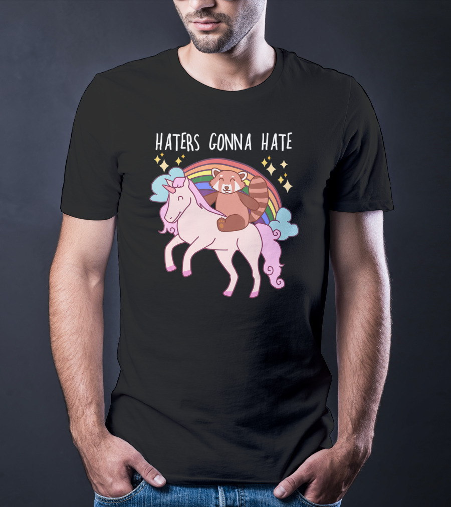 Haters Gonna Hate Red Panda Riding Unicorn With Rainbow And Stars T-Shirt