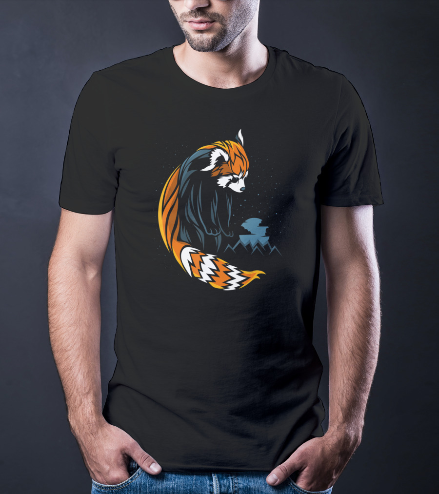 Red Panda Tattoo Style With Mountains And Night Sky T-Shirt