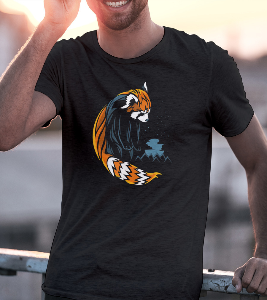 Red Panda Tattoo Style With Mountains And Night Sky T-Shirt