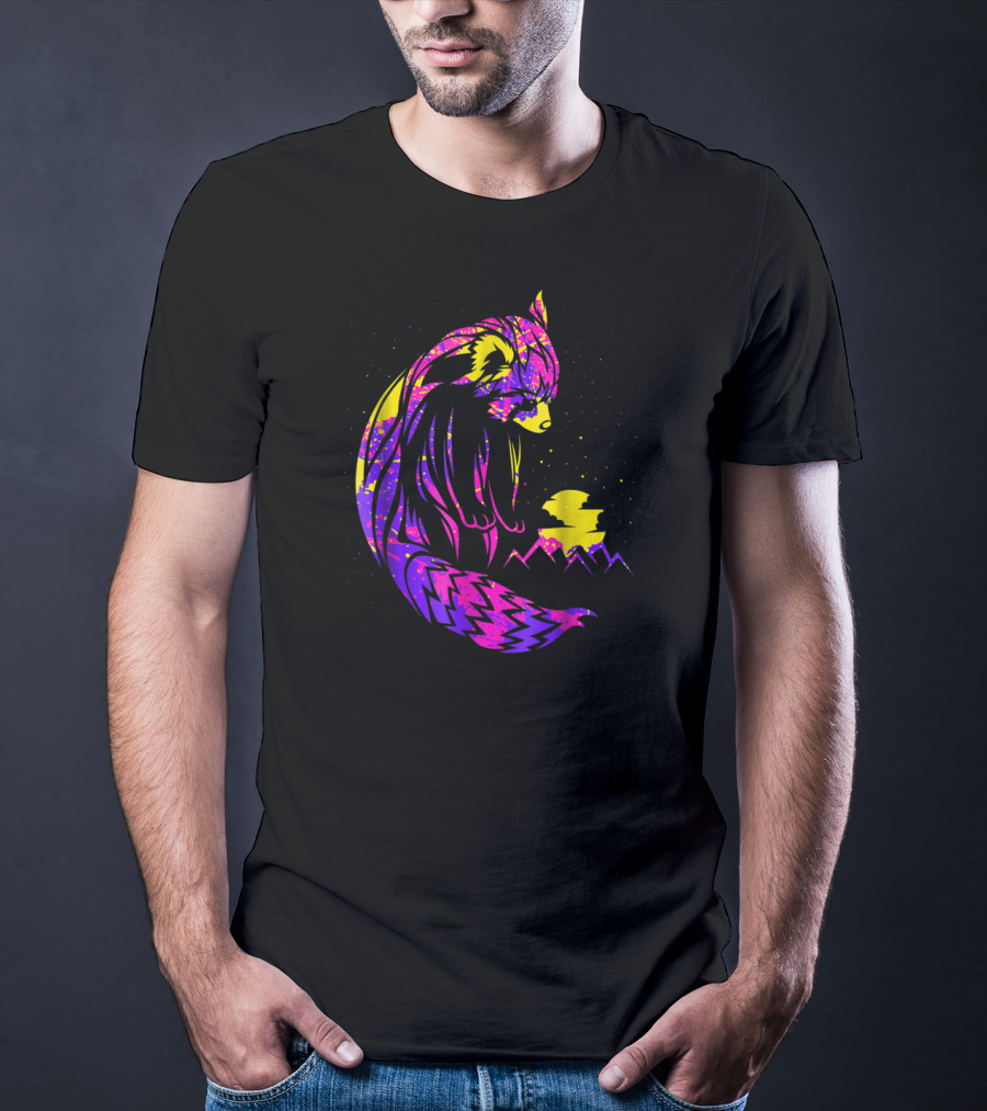 Red Panda Tribal Neon Night Mountains T-Shirt