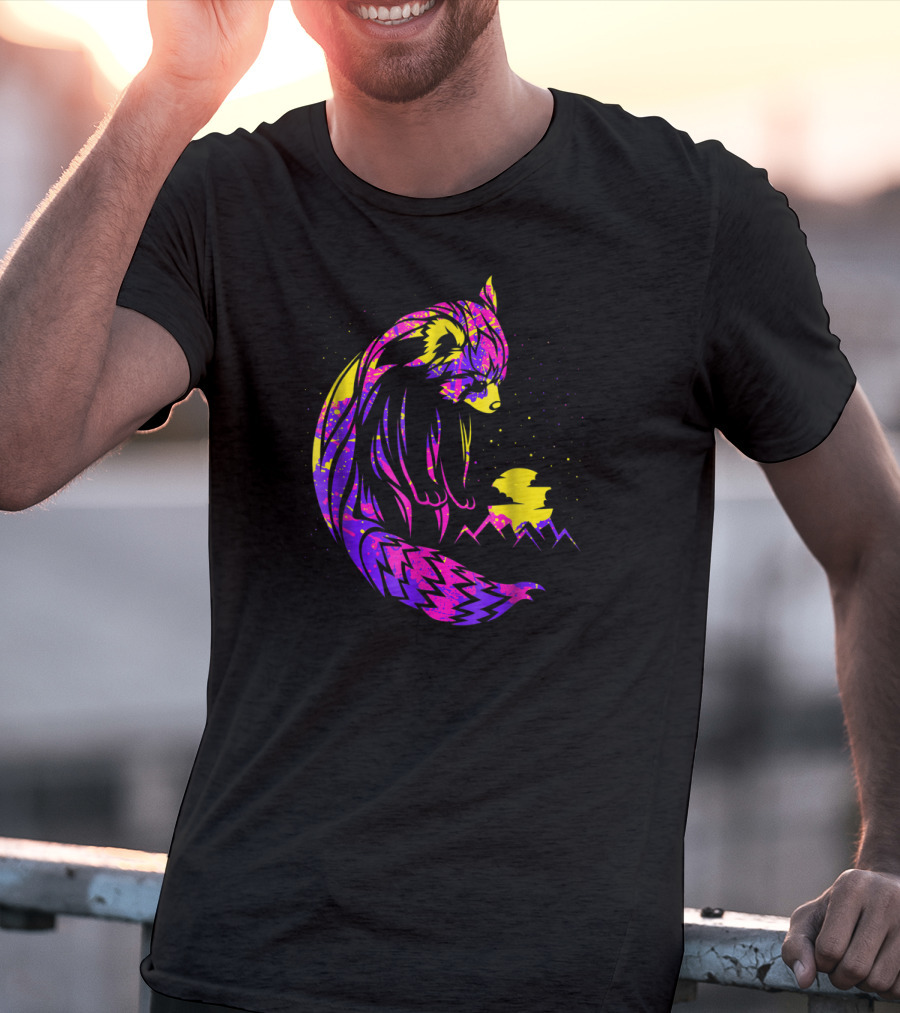 Red Panda Tribal Neon Night Mountains T-Shirt