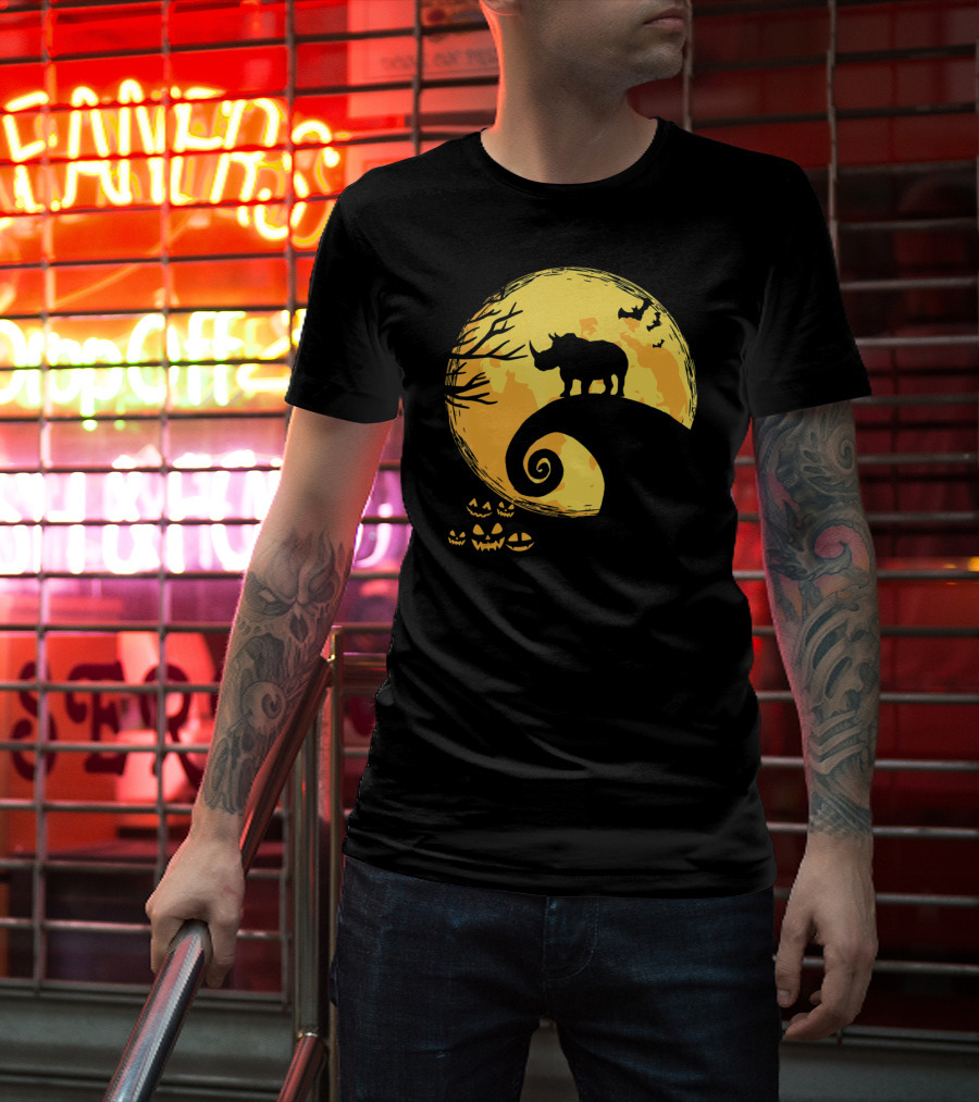 Funny Rhino And Moon Halloween Parody With Jack-O'-Lanterns And Bat T-Shirt