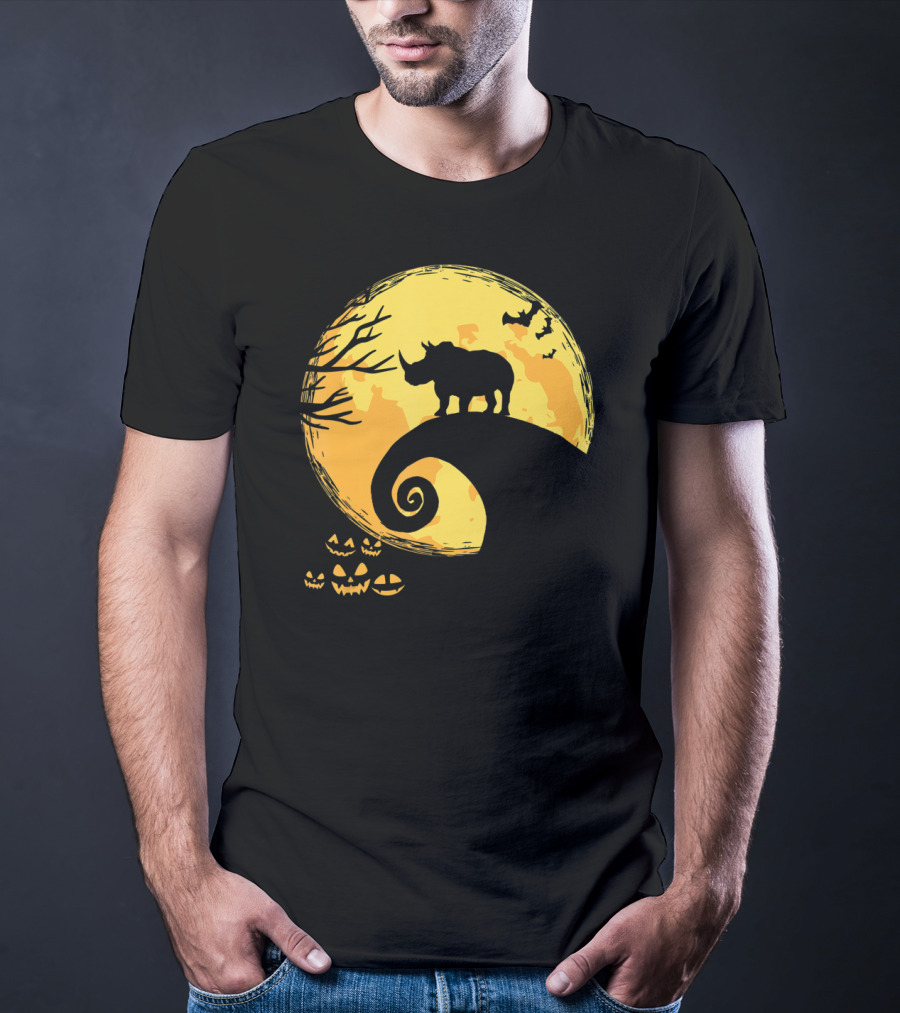 Funny Rhino And Moon Halloween Parody With Jack-O'-Lanterns And Bat T-Shirt